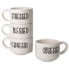 4 8 oz. White and Black Speckled Sentiment Espresso Stoneware Mugs with Rack