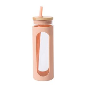 Glass Water Tumble Straw Silicone Bamboo Lids Iced Coffee Cup Bottle Reusable (Capacity: 590ML, Color: Flesh colored)