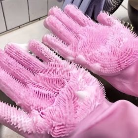 1pair Kitchen Silicone Dishwashing Gloves; Housework Cleaning Waterproof Insulation Magic Gloves; Dishwashing Brush (Material: Silica Gel, Color: Pink)